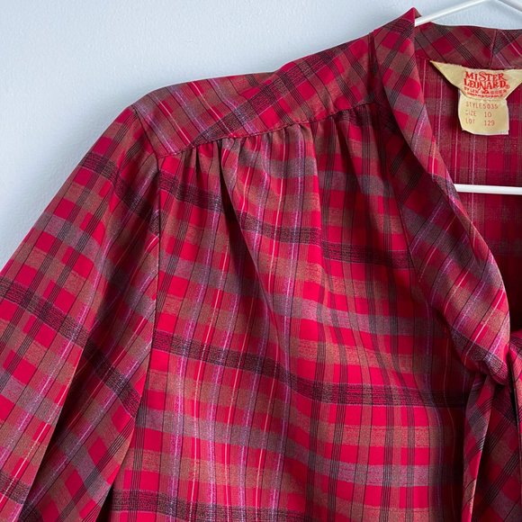 Vintage Mister Leonard  by Len Wasser Silky Red Plaid Button Blouse Faux Tie 10 - Picture 2 of 9